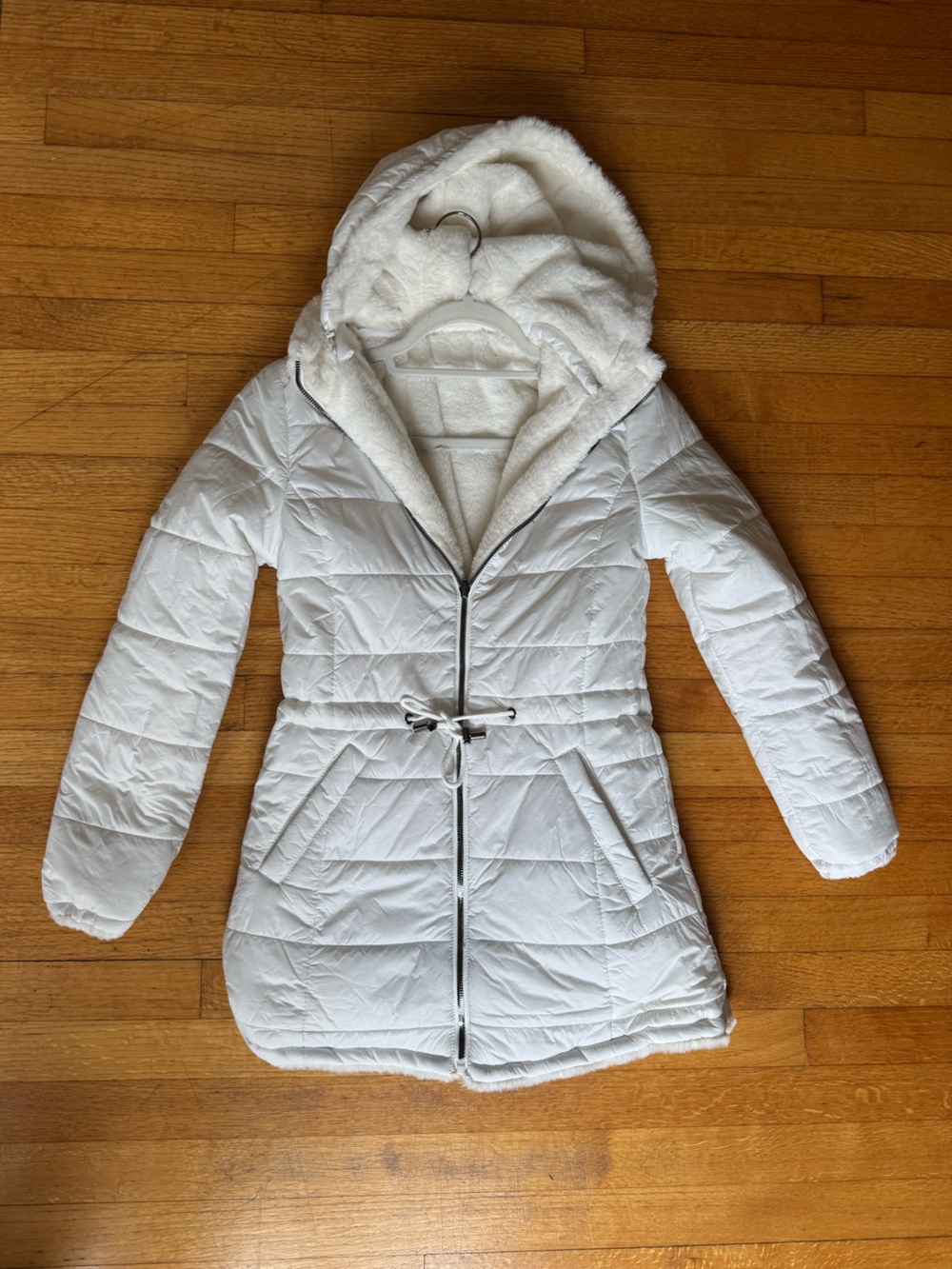 Reversible White Quilted Hooded Women's Winter Coat